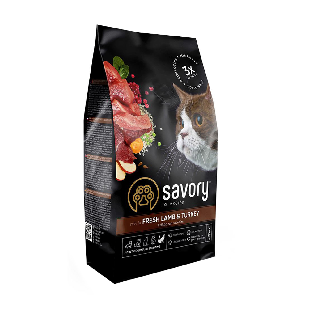 Сухий корм для дорослих кішок з чутливим травленням Savory Adult Cat Sensitive Digestion зі свіжим м'ясом ягня та індички, 400 г