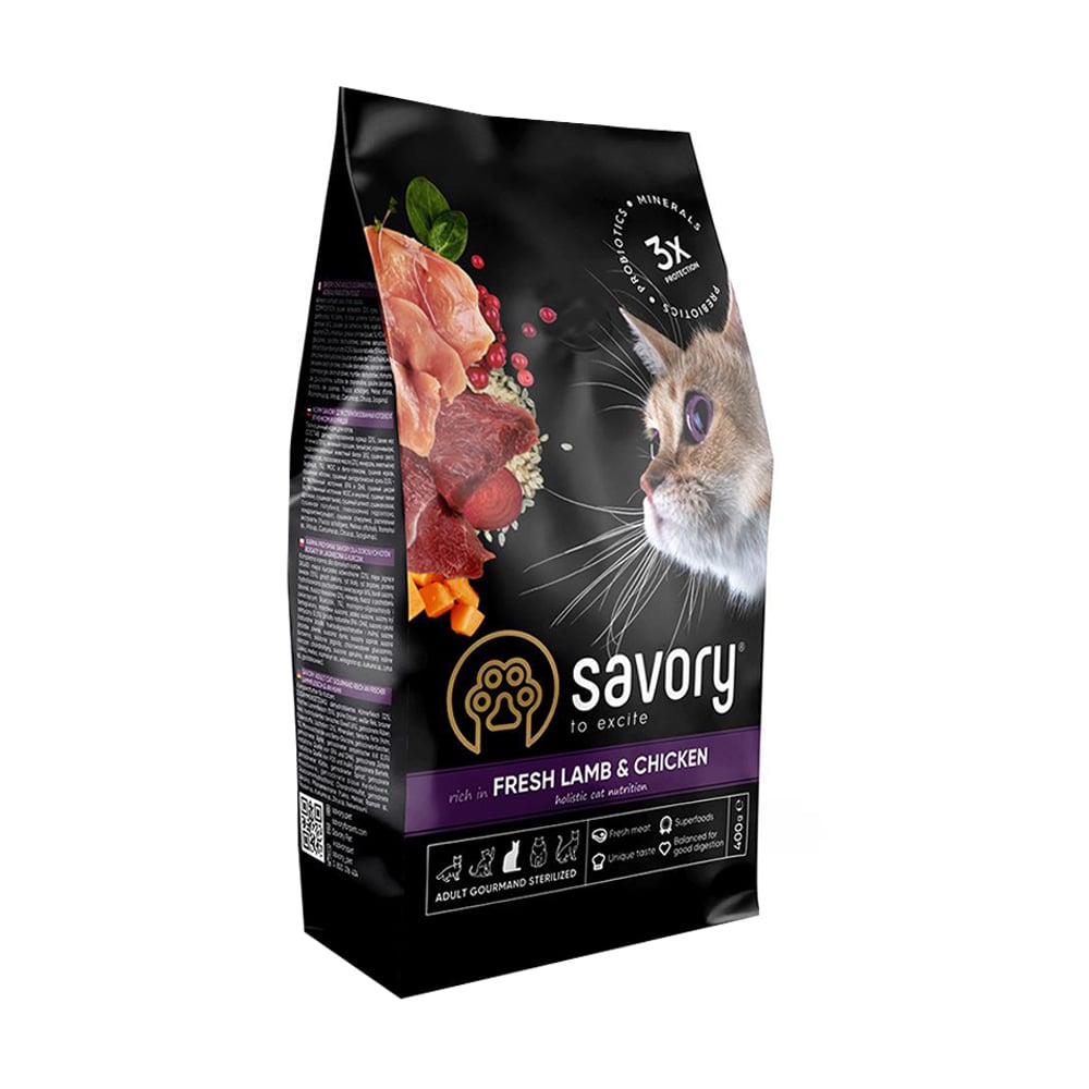 Сухий корм для стерилізованих кішок Savory Adult Cat Steril Fresh Lamb &amp; Chicken з свіжим м'ясом ягня та курки, 400 г